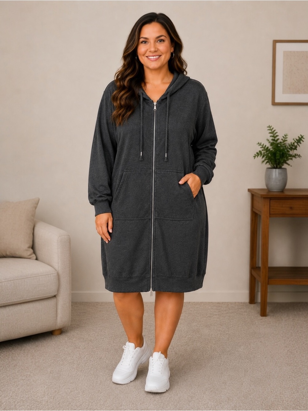 NWT ELESOL XXXL Charcoal Gray Zip Front Hoodie Dress Lounge Jacket Plus Size